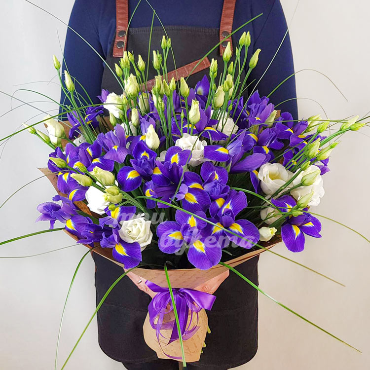 Букет из 25 ирисов и 10 эустом